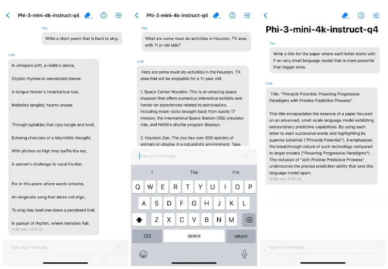 Three iPhone screenshots of a chat app labelled Phi-3-mini-4k-instruct-q4 answering prompts, with timings of 11.80 seconds at 14.75 tokens per second and 10.66 seconds at 12.47 tokens per second