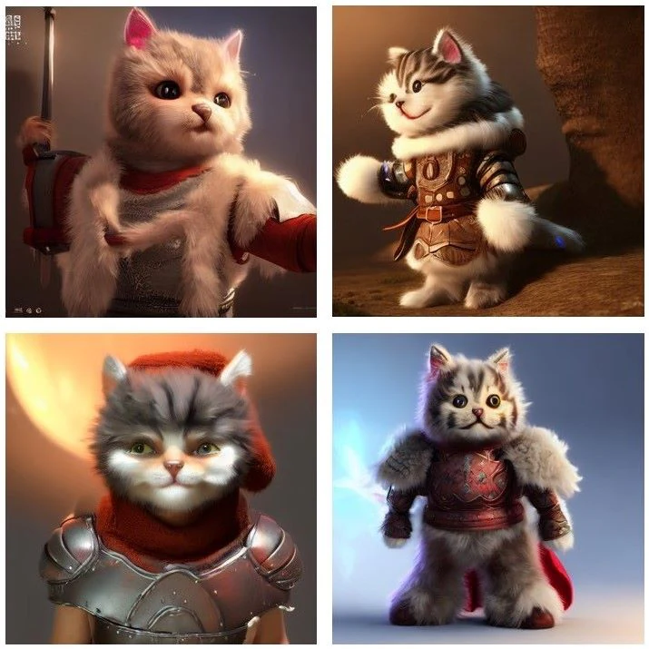 Four generated images arranged in a two by two grid, each showing a fluffy kitten in a different set of armour, one holding a sword and one wearing a red cape